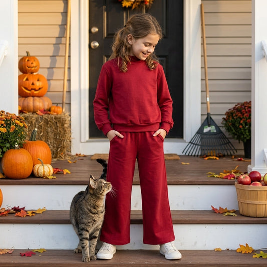 Long sleeves dark red cotton top pants kids girls outfits