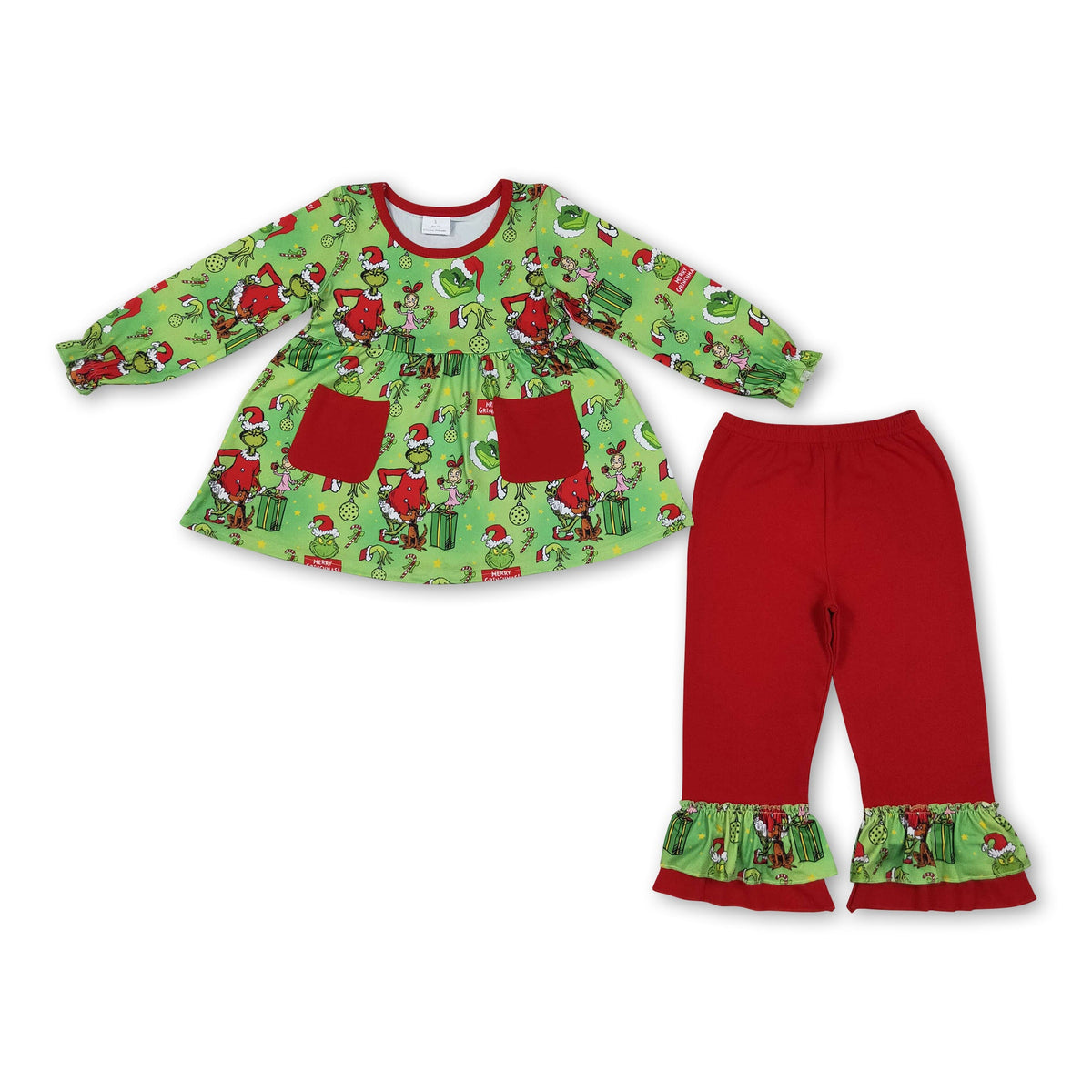 Green face tunic red pants girls Christmas outfits