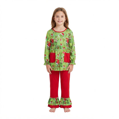 Green face tunic red pants girls Christmas outfits