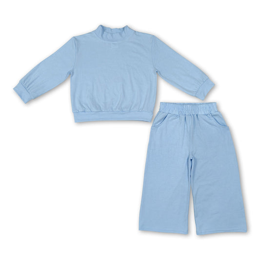 Long sleeves light blue cotton mock neck top pants kids girls outfits