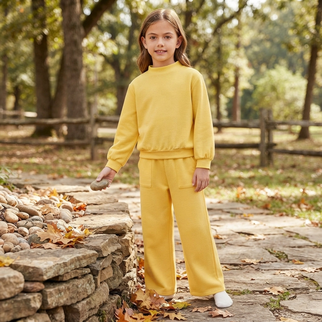 Long sleeves yellow cotton top pants kids girls outfits