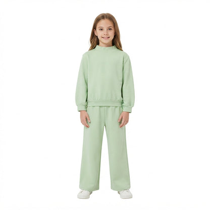 Long sleeves green cotton top pants kids girls outfits