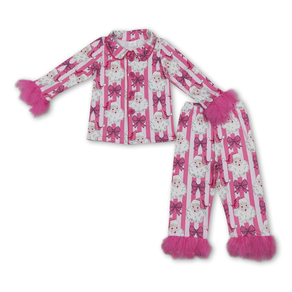Fur long sleeves santa bow girls Christmas pajamas