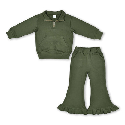 Olive brown pocket pullover ruffle pants girls sweatshirt outfits