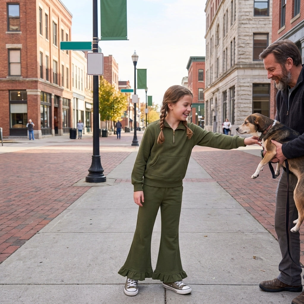 Olive brown pocket pullover ruffle pants girls sweatshirt outfits