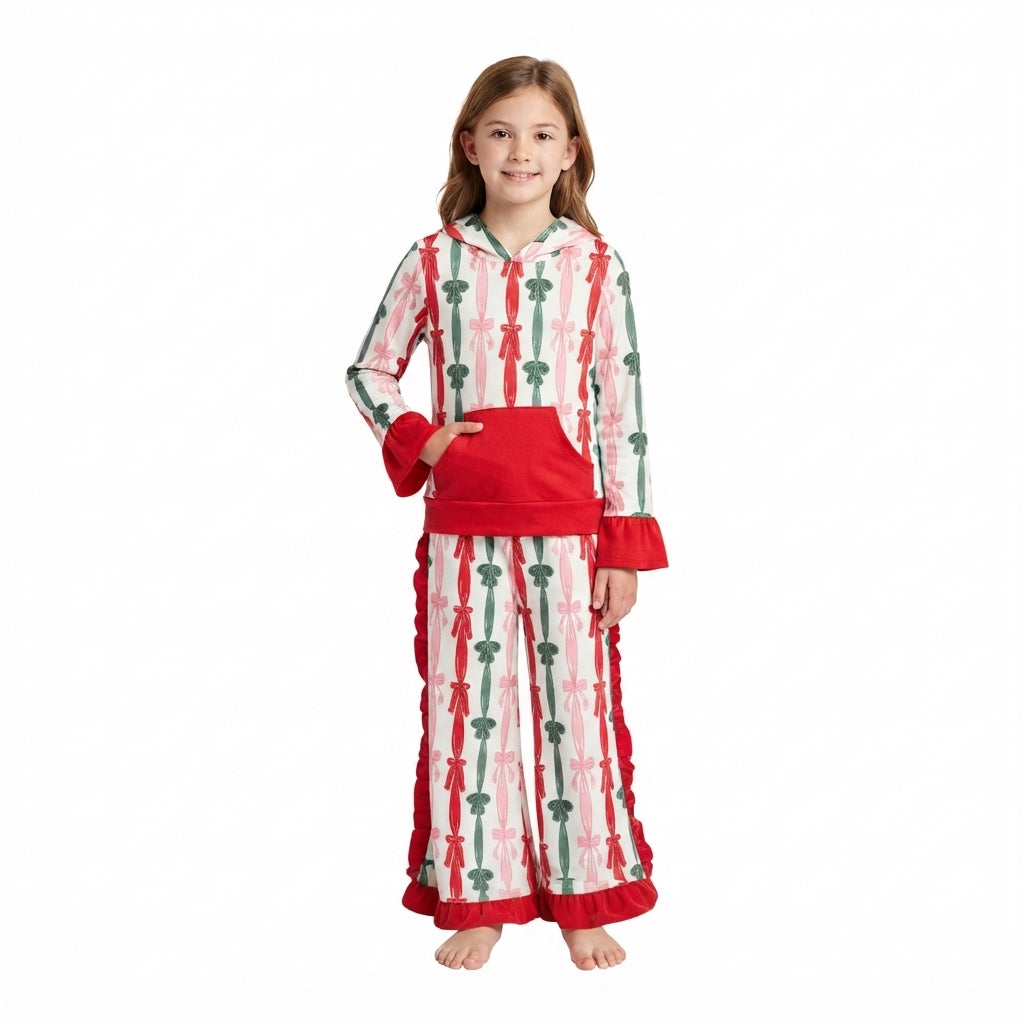 Red green bow hoodie ruffle pants girls Christmas set