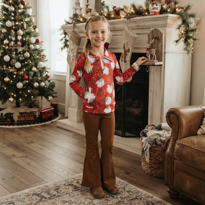 Santa boots pullover brown pants girls Christmas set
