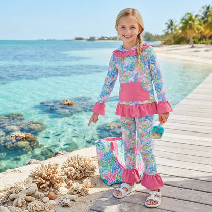 Long sleeves hot pink ruffle coral hoodie pants kids girls outfits