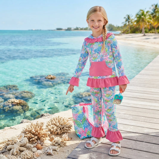Long sleeves hot pink ruffle coral hoodie pants kids girls outfits