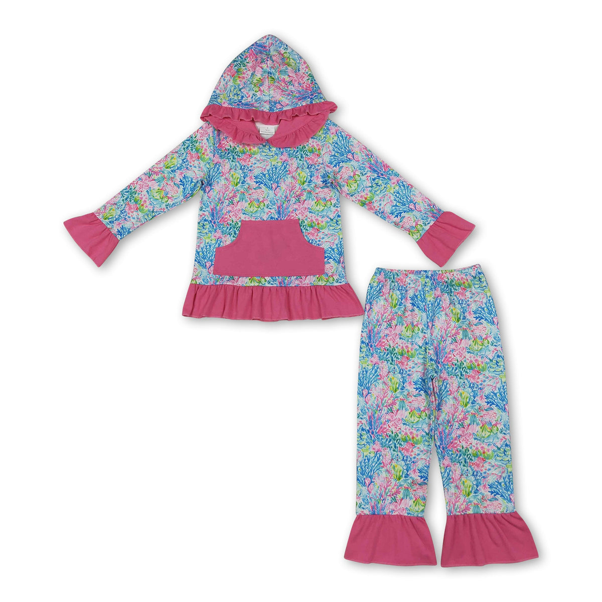 Long sleeves hot pink ruffle coral hoodie pants kids girls outfits