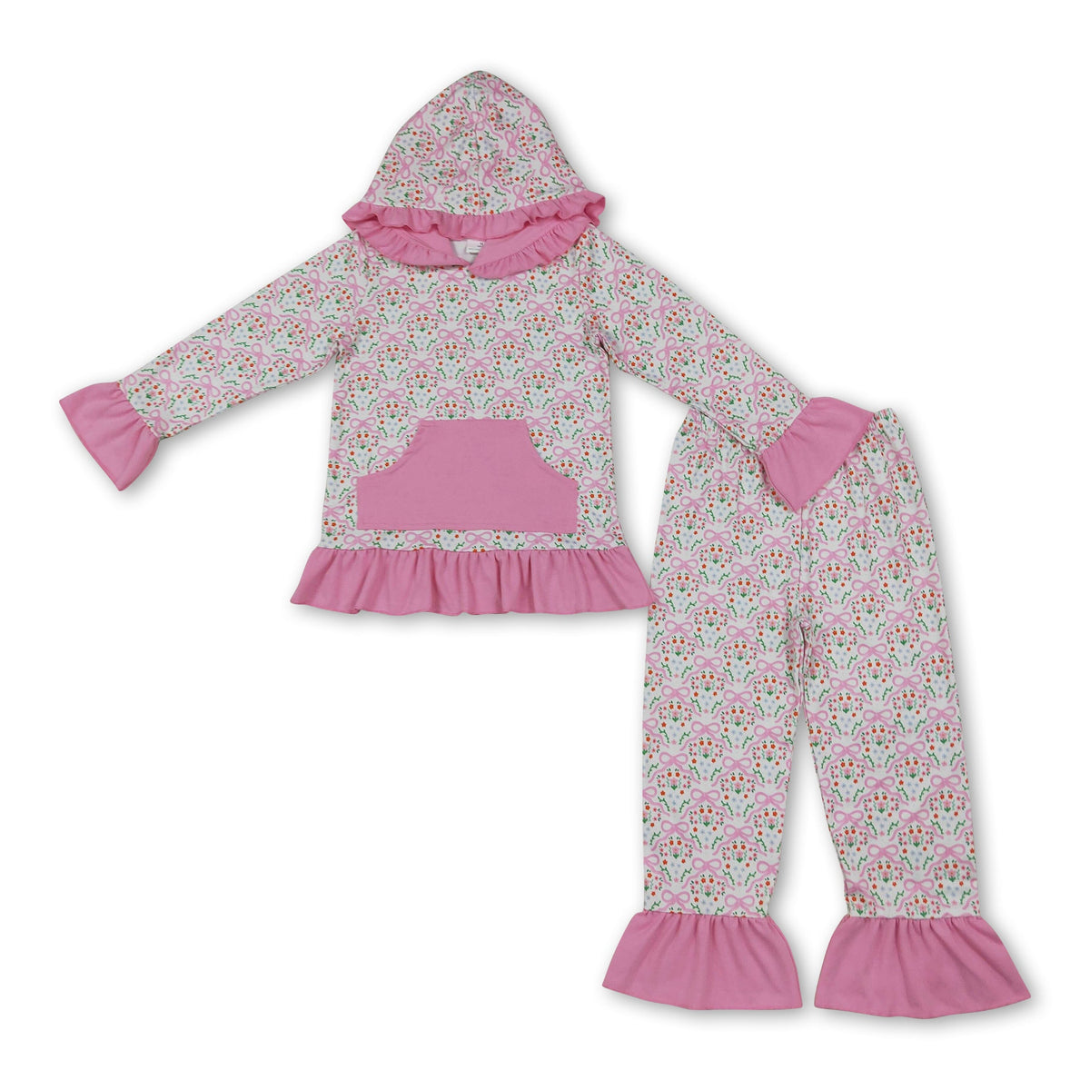 Long sleeves pink bow floral hoodie pants kids girls outfits