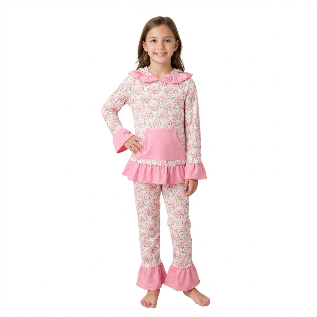 Long sleeves pink bow floral hoodie pants kids girls outfits