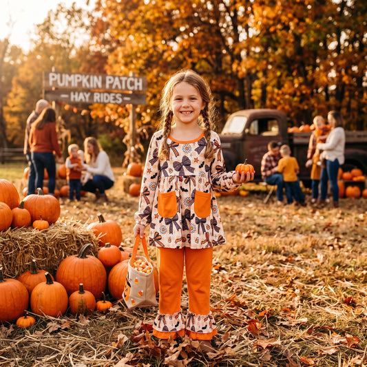 Plaid bow candy corn tunic pants girls Halloween outfit