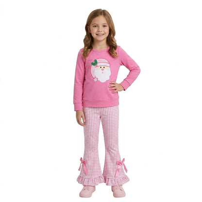 Santa embroidery top ruffle pants girls Christmas outfit