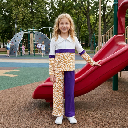 Yellow leopard purple pullover pants girls team outfits