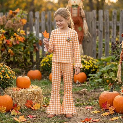 Plaid turkey embroidery scallop girls Thanksgiving set