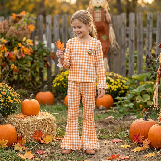 Plaid turkey embroidery scallop girls Thanksgiving set