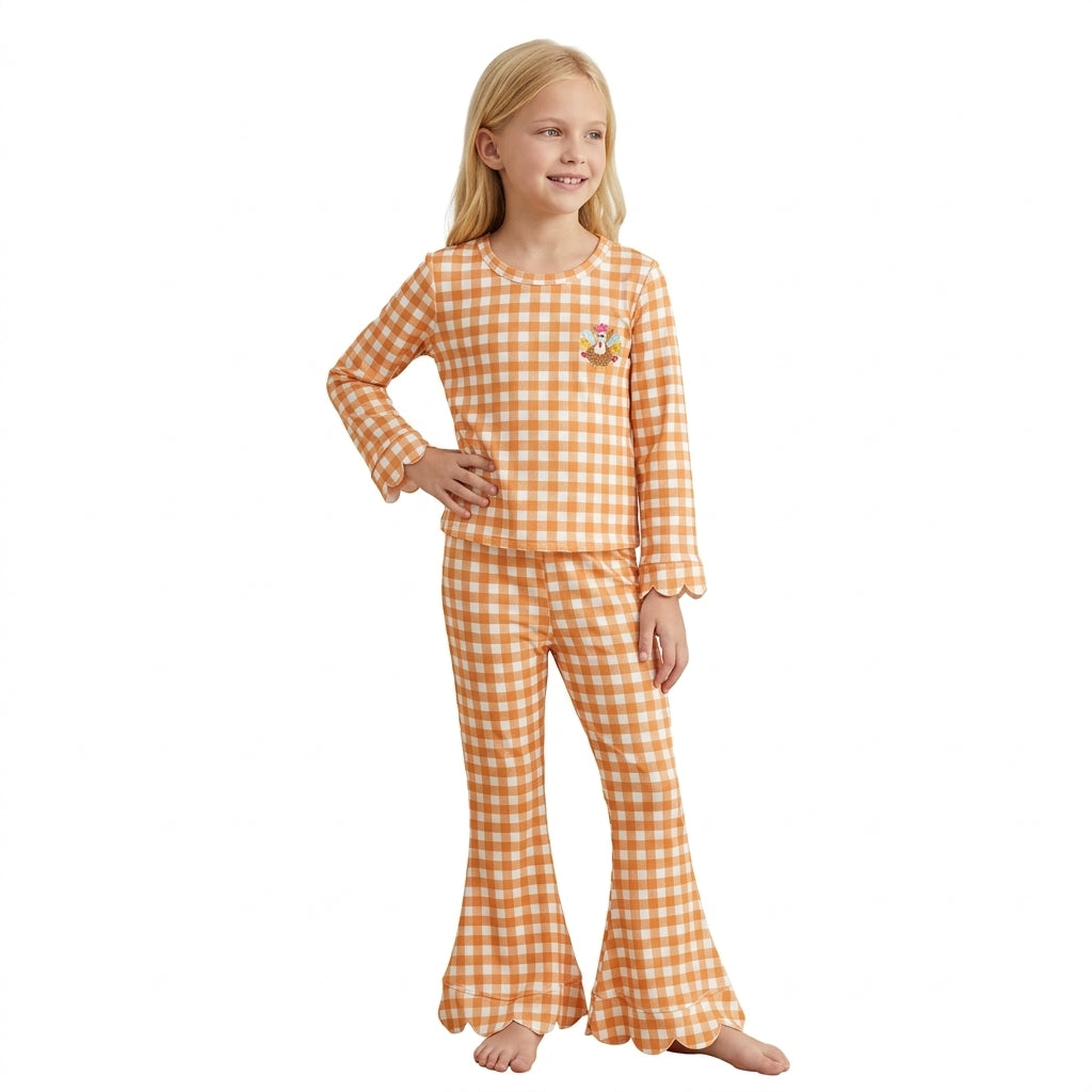 Plaid turkey embroidery scallop girls Thanksgiving set