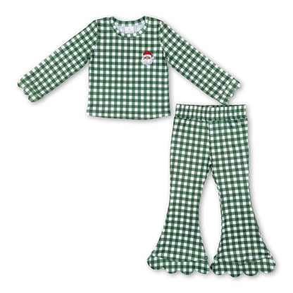 Santa embroidery green plaid scallop girls Christmas set