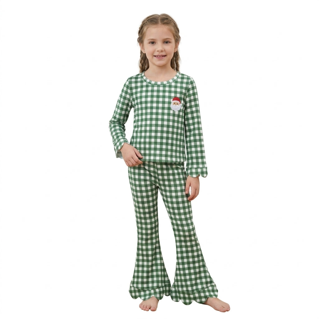 Santa embroidery green plaid scallop girls Christmas set