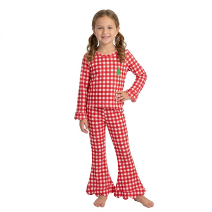 Plaid Christmas tree embroidery scallop girls outfits