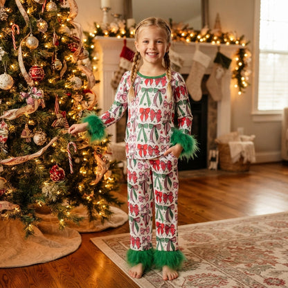 Red green bow fur sleeves girls Christmas pajamas
