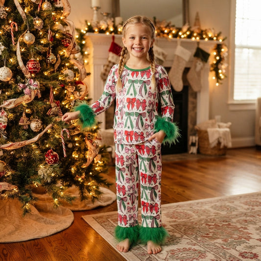 Red green bow fur sleeves girls Christmas pajamas