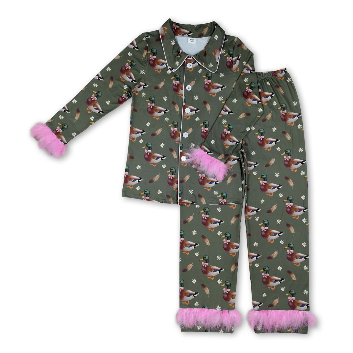 Fur long sleeves duck bow floral adult women pajamas