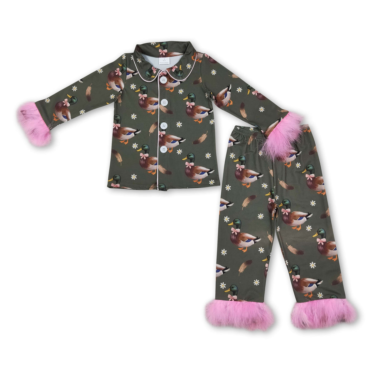Fur long sleeves duck bow floral girls button down pajamas