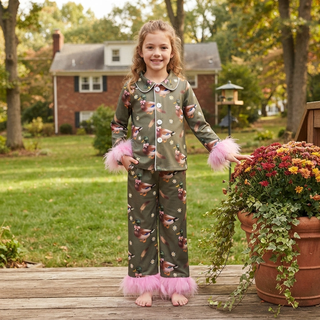 Fur long sleeves duck bow floral girls button down pajamas