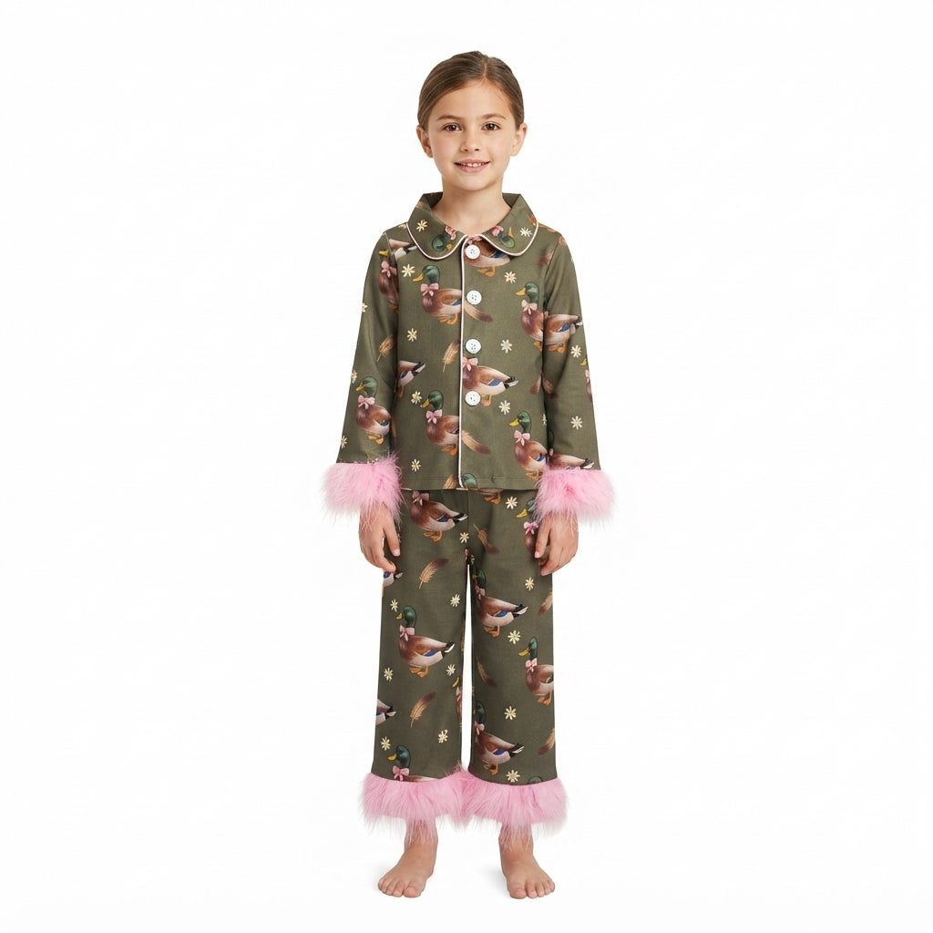 Fur long sleeves duck bow floral girls button down pajamas