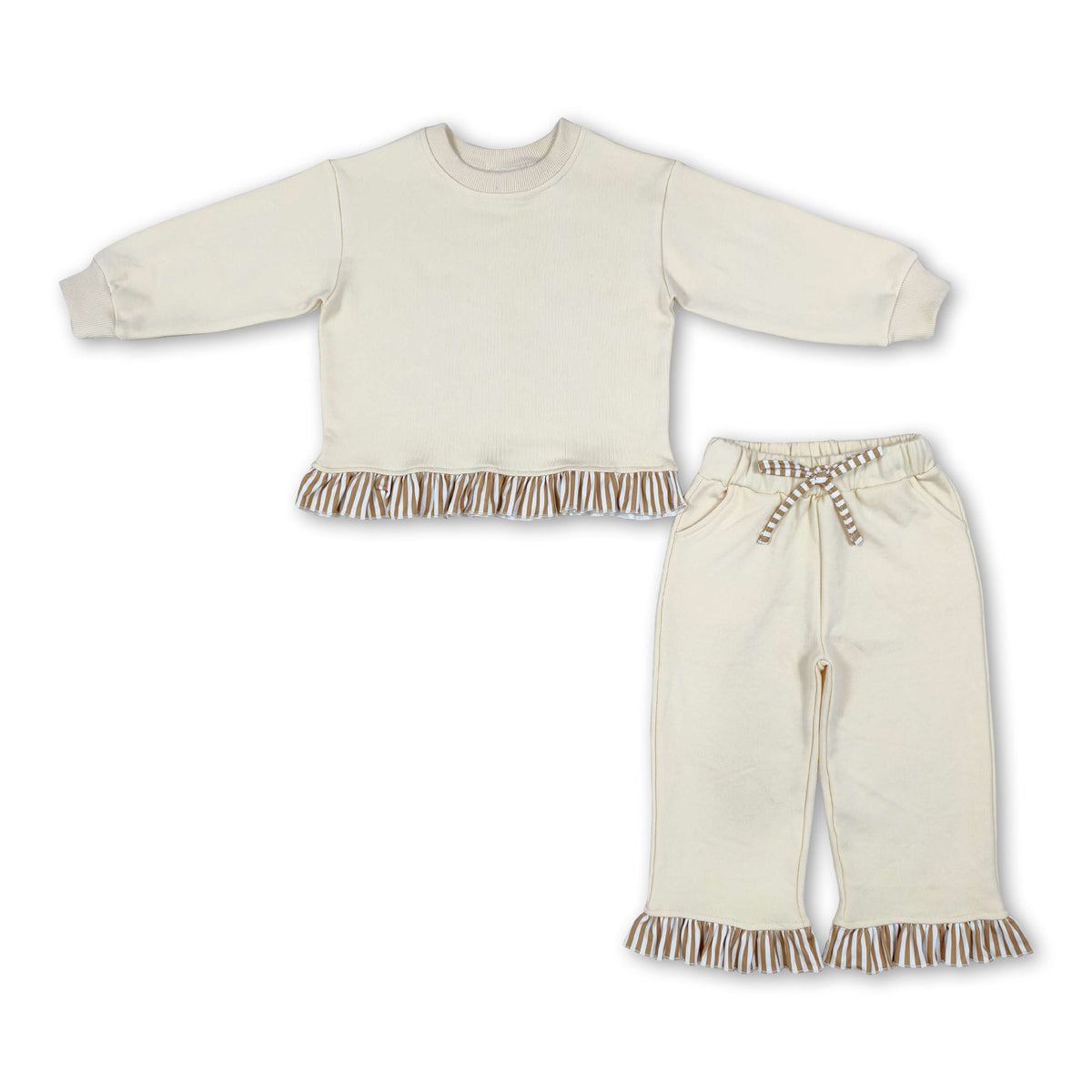 Long sleeves khaki plaid ruffle top pants girls sweatshirt outfits