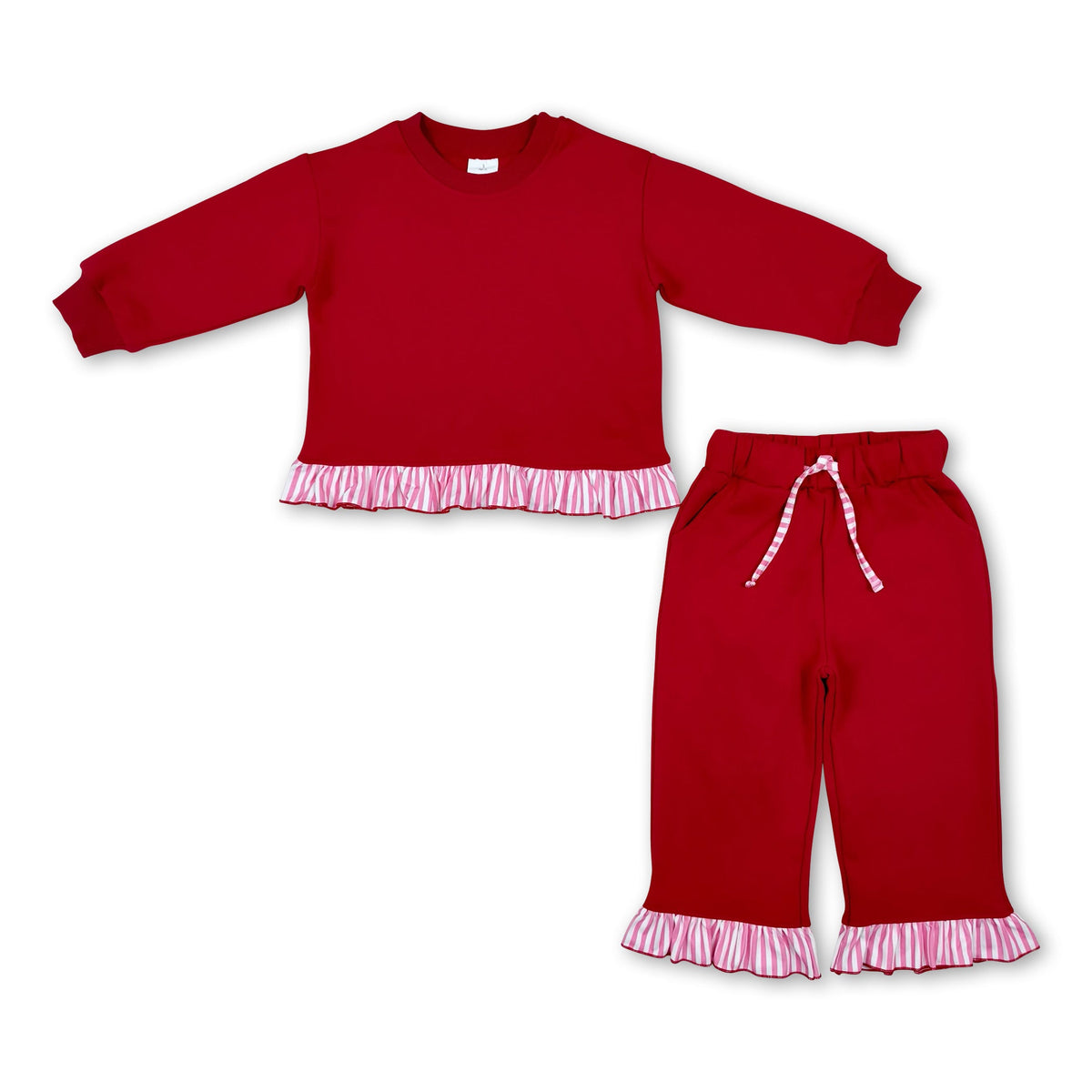 Long sleeves red stripe ruffle top pants girls sweatshirt outfits