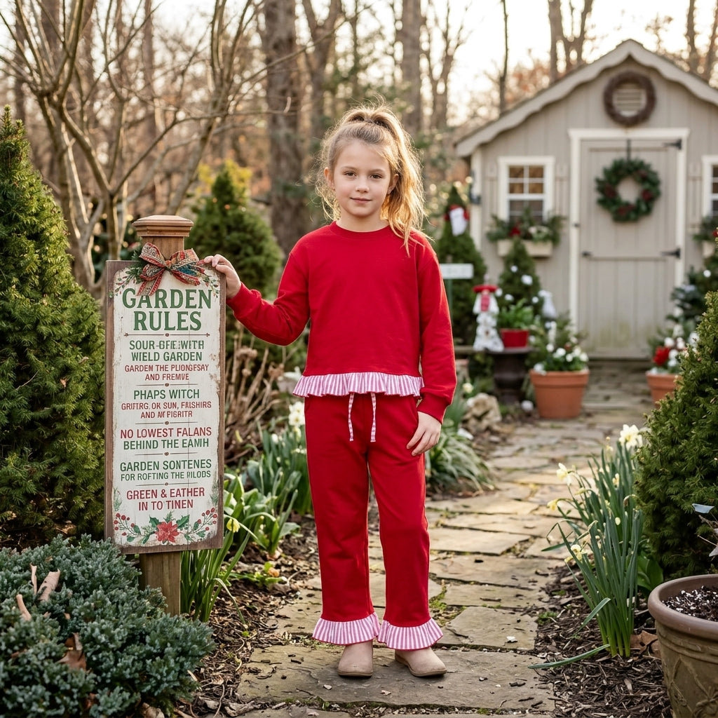 Long sleeves red stripe ruffle top pants girls sweatshirt outfits