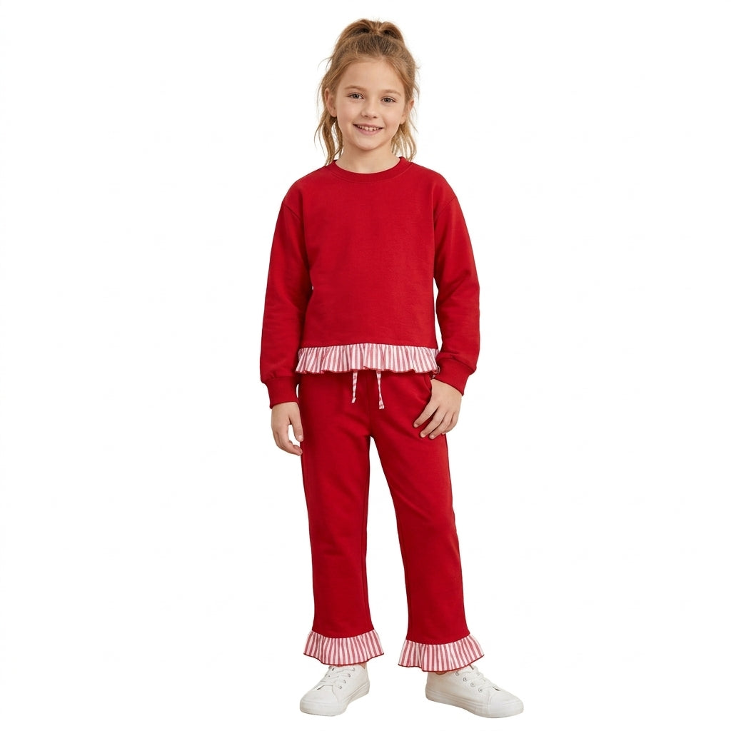 Long sleeves red stripe ruffle top pants girls sweatshirt outfits