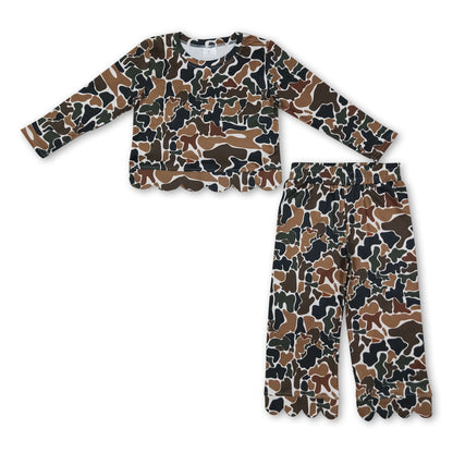 Long sleeves brown camo scallop kids girls outfits