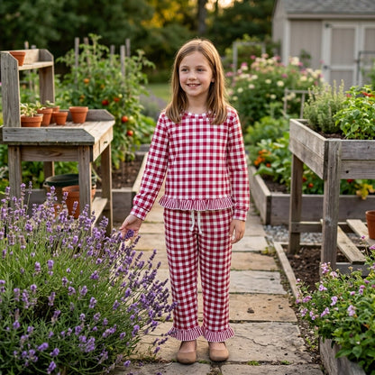 Long sleeves dark red plaid stripe ruffle top pants girls outfits