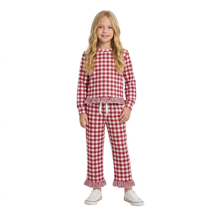 Long sleeves dark red plaid stripe ruffle top pants girls outfits