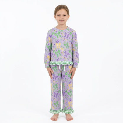 Long sleeves plaid bow ruffle girls Mardi Gras outfits