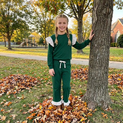 Stripe flutter long sleeves green top pants girls outfits