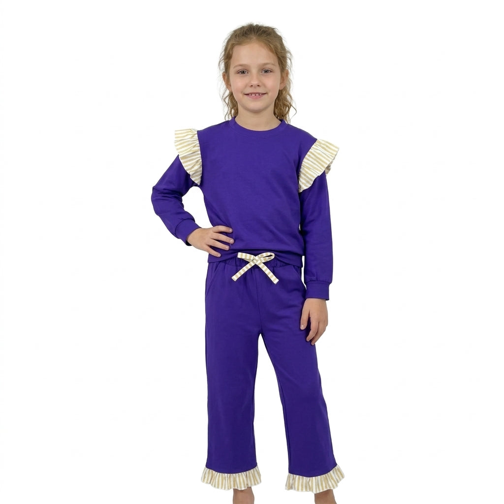 Stripe flutter long sleeves purple top pants girls outfits