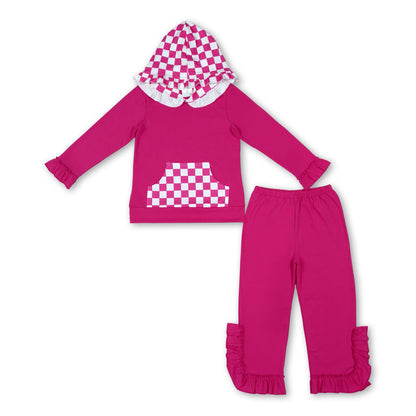 Hot pink plaid pocket hoodie ruffle girls outfits