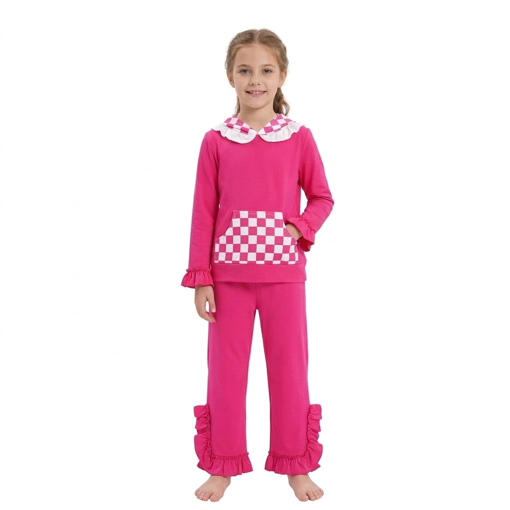 Hot pink plaid pocket hoodie ruffle girls outfits