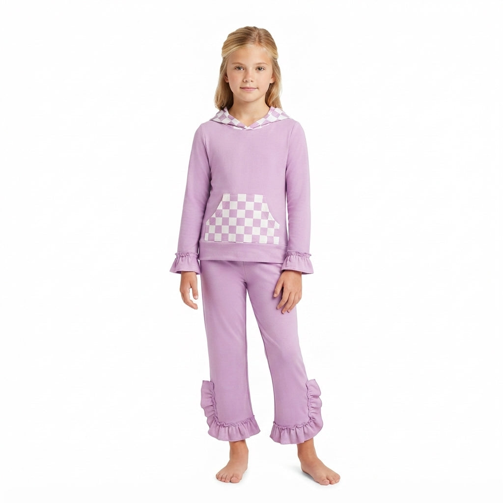 Lavender plaid pocket hoodie ruffle girls outfits