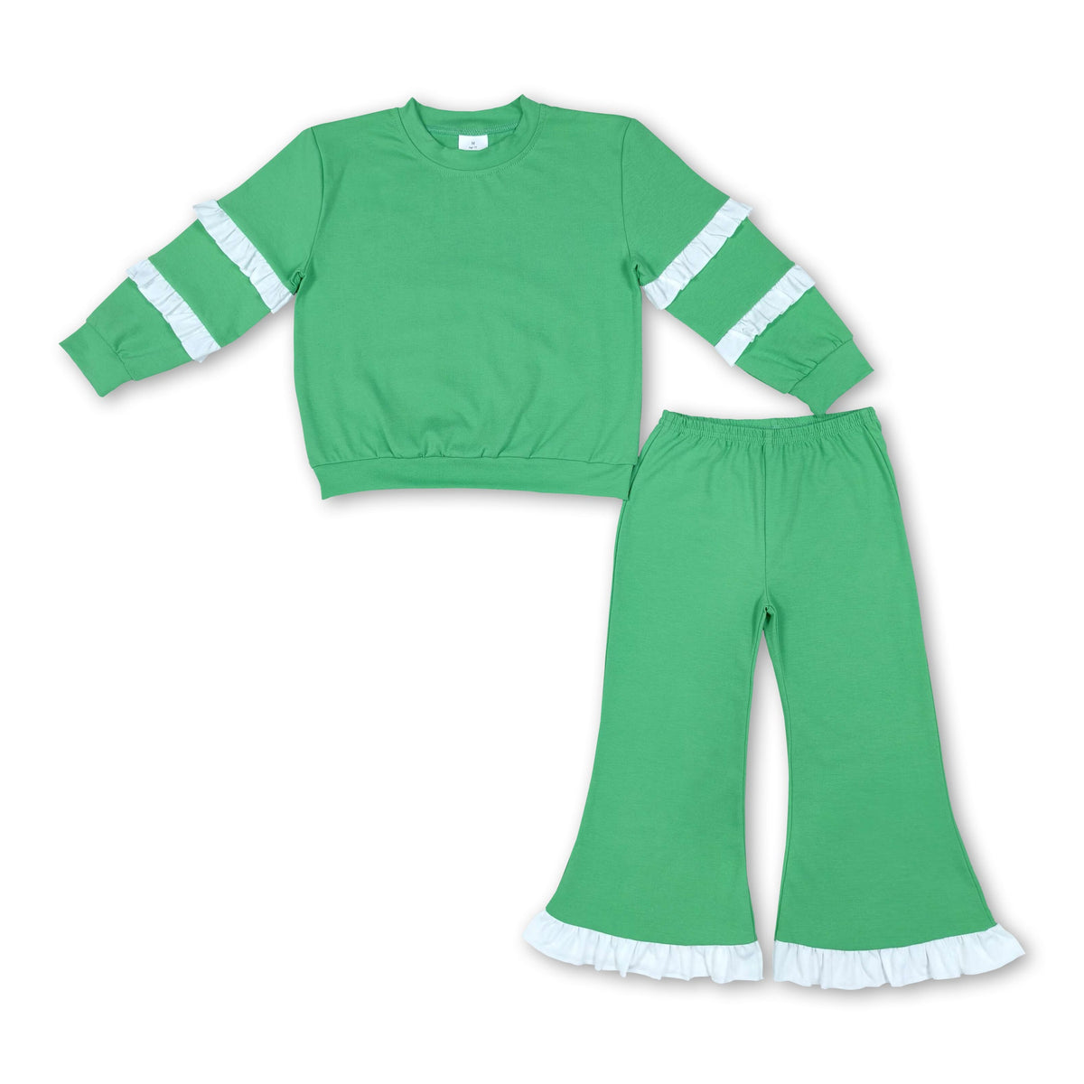 White ruffle green cotton top pants girls clothing set