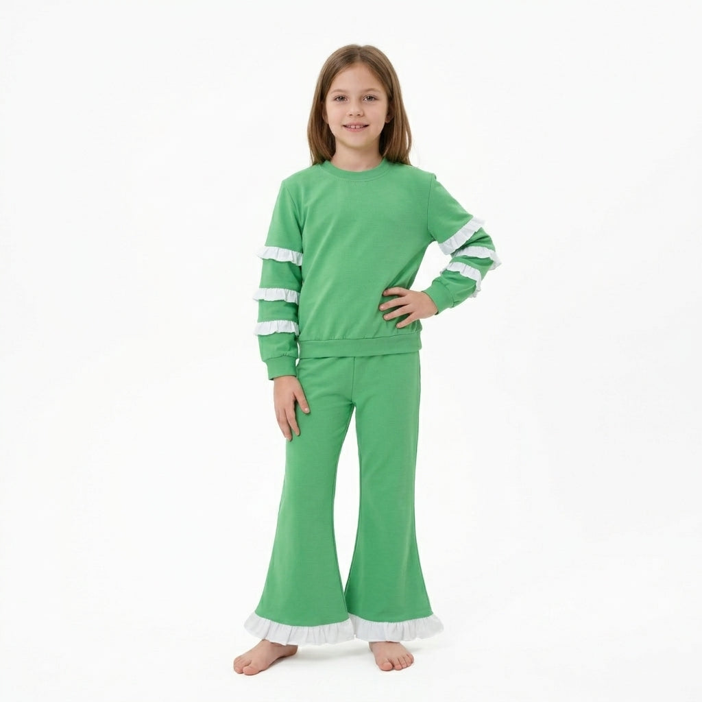 White ruffle green cotton top pants girls clothing set