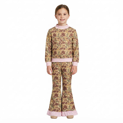 Pink plaid long sleeves camo top pants girls outfits