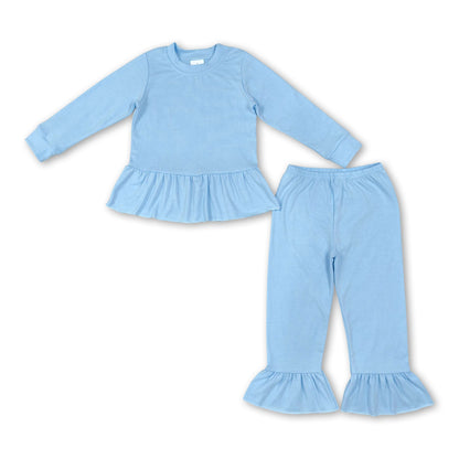 Long sleeves light blue peplum top ruffle pants girls outfits