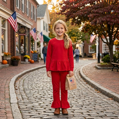 Long sleeves red peplum top ruffle pants girls outfits