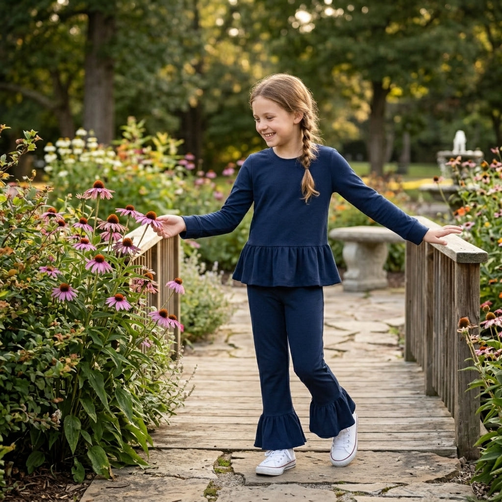Long sleeves navy peplum top ruffle pants girls outfits